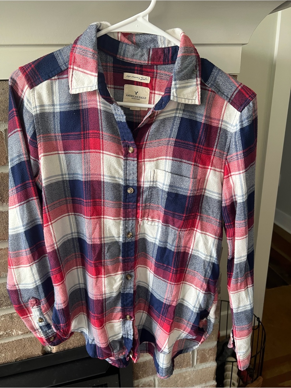 American Eagle Outfitters Red, Navy & White Plaid Button-Down Shirt